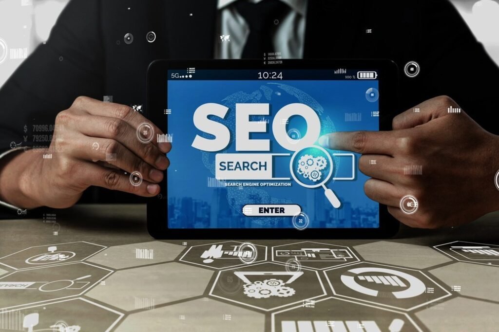 holding-a-tablet-displaying-an-SEO-search-interface