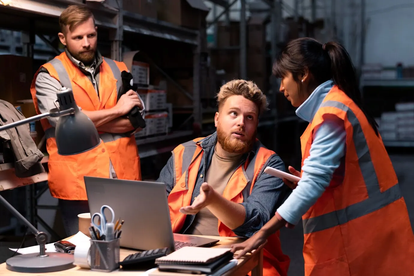 warehouse-team-in-orange-safety-vests-discussing-around-laptop-and-documents