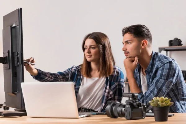 Two creative professionals in Regina reviewing photos on a computer during an editing session