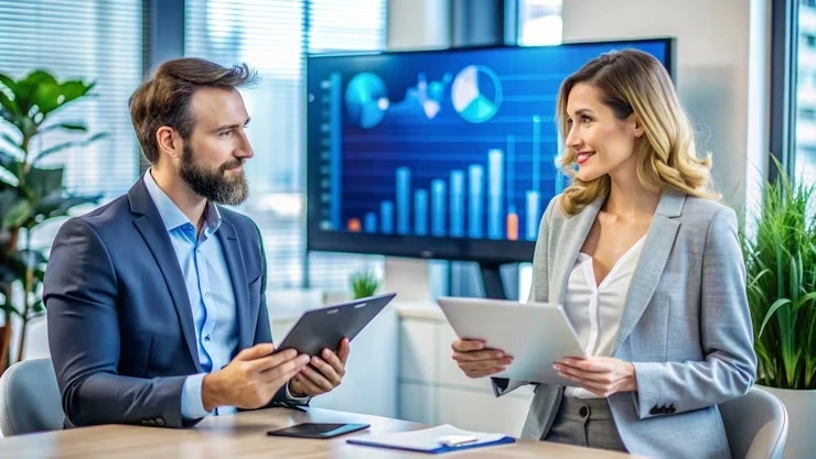 Two professionals reviewing data on a desktop screen, representing analytics and reporting services for pet shops in Canada.
