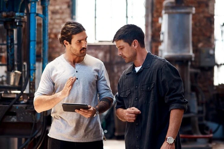 Two professionals in a metal fabrication workshop discussing SEO performance data on a tablet to improve online visibility.