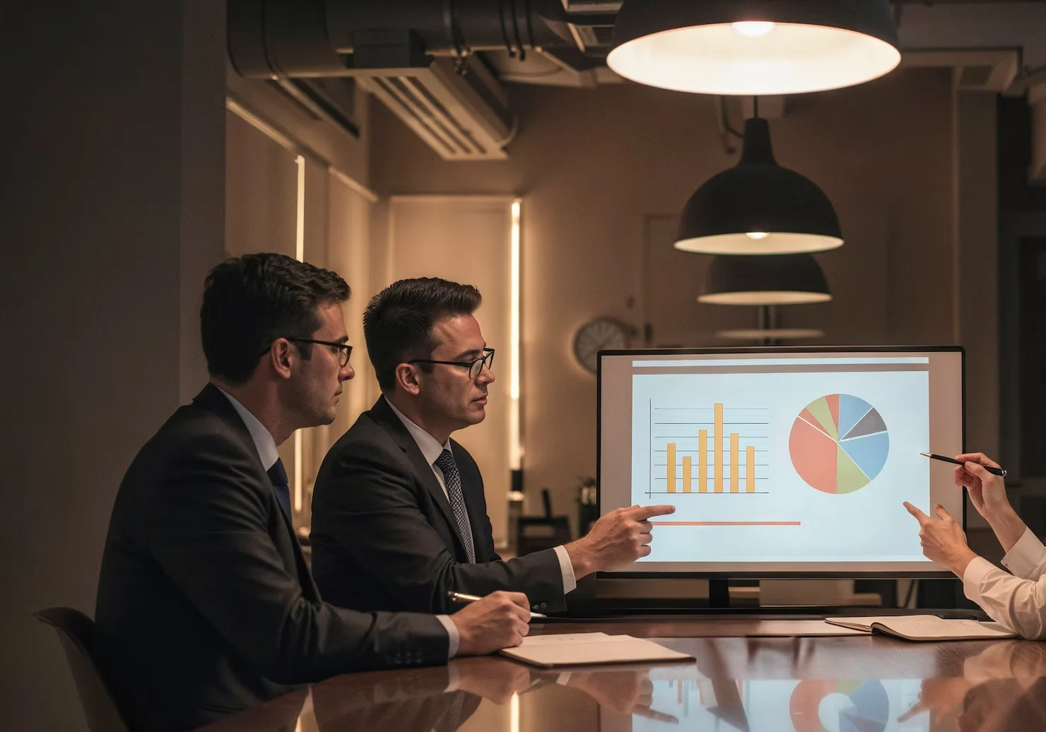 Business professionals reviewing bar and pie chart data on a presentation screen, representing industry statistics that matter for decision-making.