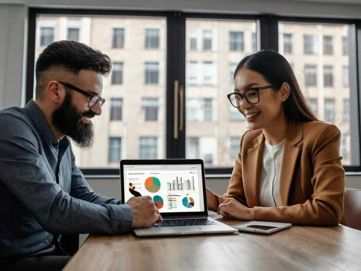 Two SEO experts analyzing keyword performance charts on a laptop during a marketing strategy meeting.