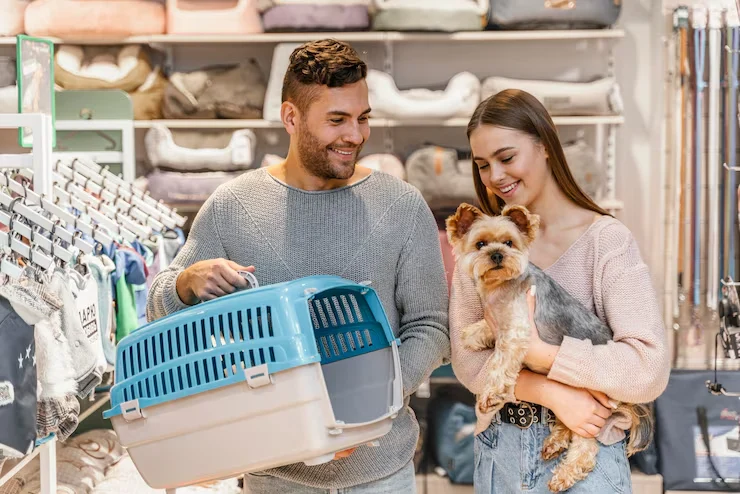 A happy couple shopping for pet supplies with their dog, representing positive business outcomes achieved by our client.