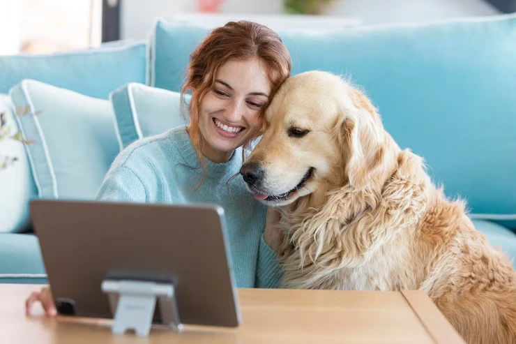 A woman and her dog looking at a tablet together, representing Canadian pet stores enhancing visibility through SEO services.