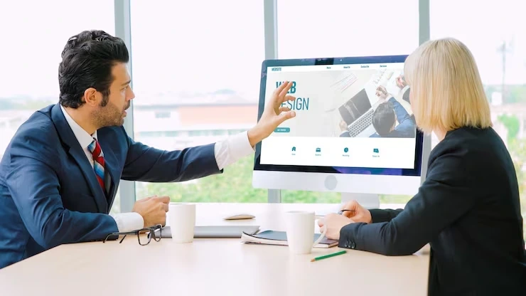 Two Technical SEO experts reviewing website performance and technical SEO elements on a large desktop screen during a meeting.